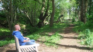 Man sitting on a bench in the woodland area