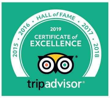 Tripadvisor certificate of excellence 2015, 2016, 2017, 2018, 2019