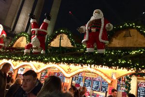 Santas on the roof of German food stall at Birmingham Christmas Market